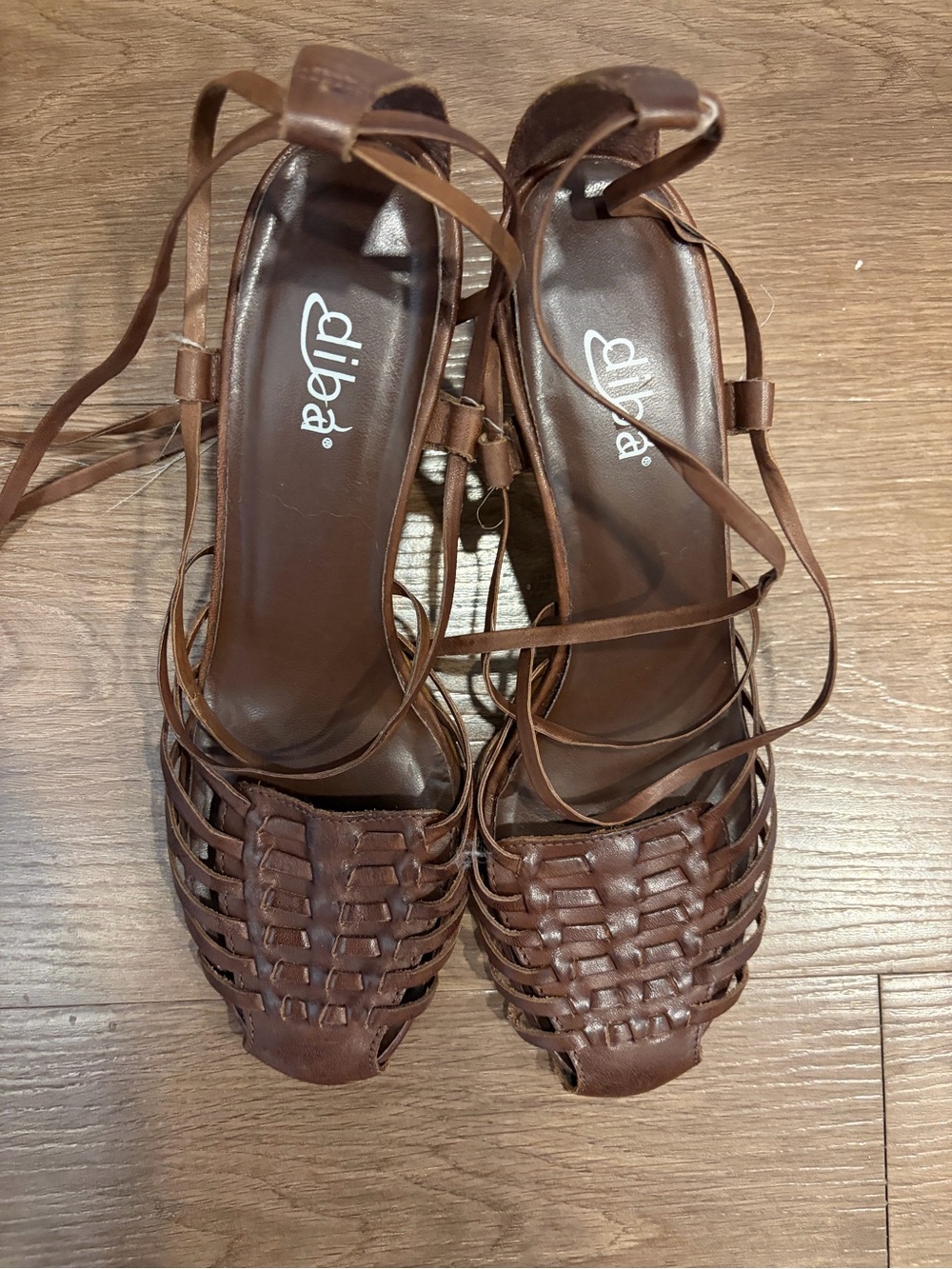 DIBA Brown Woven Leather Lace-Up Kitten Heels